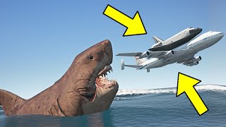 Megalodon Shark Attacks Boeing 747 Shuttle Carrier Aircraft When Flying Too Low To Ocean  GTA 5 [upl. by Feriga]