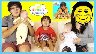 RYAN TOYSREVIEW MOM FACE REVEALED NEW CHANNEL Ryans Family Review Twins Baby Tummy Time [upl. by Hplodnar100]