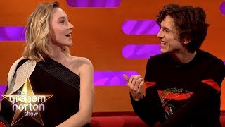 Saoirse Ronan amp Timothée Chalamet Joke About Pronouncing Timothée Chalamet [upl. by Noryb476]