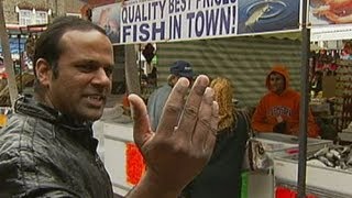 One Pound Fish Brilliantly enthusiastic market stall holder sings [upl. by Ecirbaf]