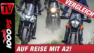 A2 Reise Enduros von Honda KTM Royal Enfield im Vergleich auf Straße und Schotter [upl. by Ayat64]