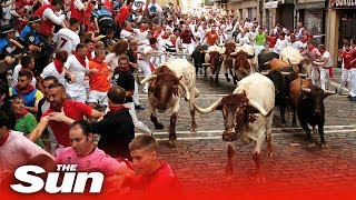 Pamplona Bull Run 2019 tumbles turns and injuries [upl. by Jemma]