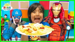 Ryan Pretend Play Cooks Breakfast for Avengers Superheroes [upl. by Nachison683]