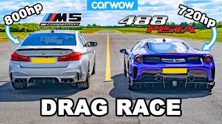 BMW M5 800hp v Ferrari 488 Pista  DRAG RACE [upl. by Mayne564]