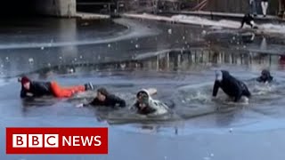 Group of skaters rescued after falling through ice  BBC News [upl. by Malchy663]