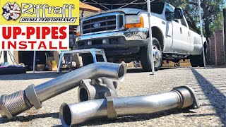 2001 F350 73  RiffRaff UpPipes Install  Stock up pipes leaking and falling apart JUNK SP [upl. by Solohcin875]