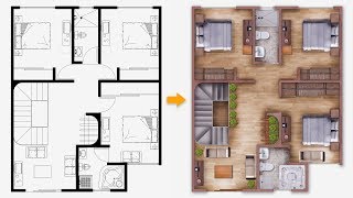 PART 01 Easy Plan Render  Single house plan render in Photoshop [upl. by Eimmak]