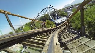 New Mexico Rattler Roller Coaster POV Cliffs Amusement Park Woodie [upl. by Lipsey]