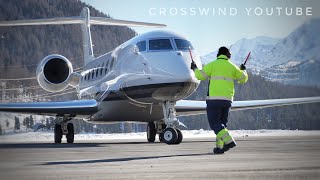 Gulfstream G650ER  Valley Landing and Takeoff  Engadin Airport  12012020 [upl. by Ynafit]