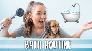 GROOMING MY MINI DACHSHUND Hair trim nail trim teeth brush shampoo and bath routine [upl. by Ennaus]