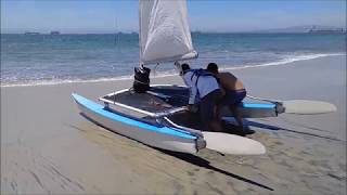 Hobie 14 Catamaran First Timers Sailing One man over board [upl. by Kcyrred695]