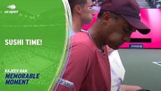 Rajeev Ram Eats Sushi During Match  2023 US Open [upl. by Seuguh]